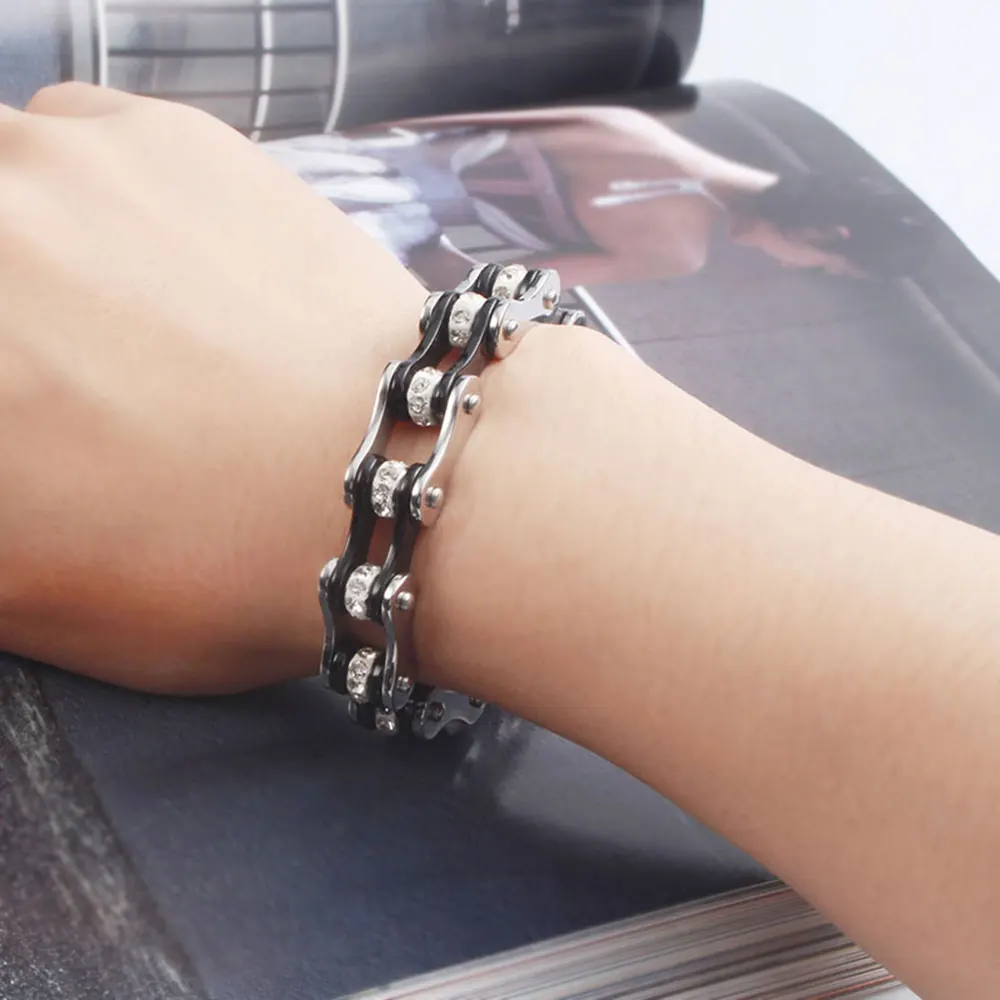 أساور رجالي، أساور ربط سلسلة الدراجات النارية على شكل فاسق للنساء، توزيع دعم المجوهرات المصنوعة من الفولاذ المقاوم للصدأ باللون الأسود #2