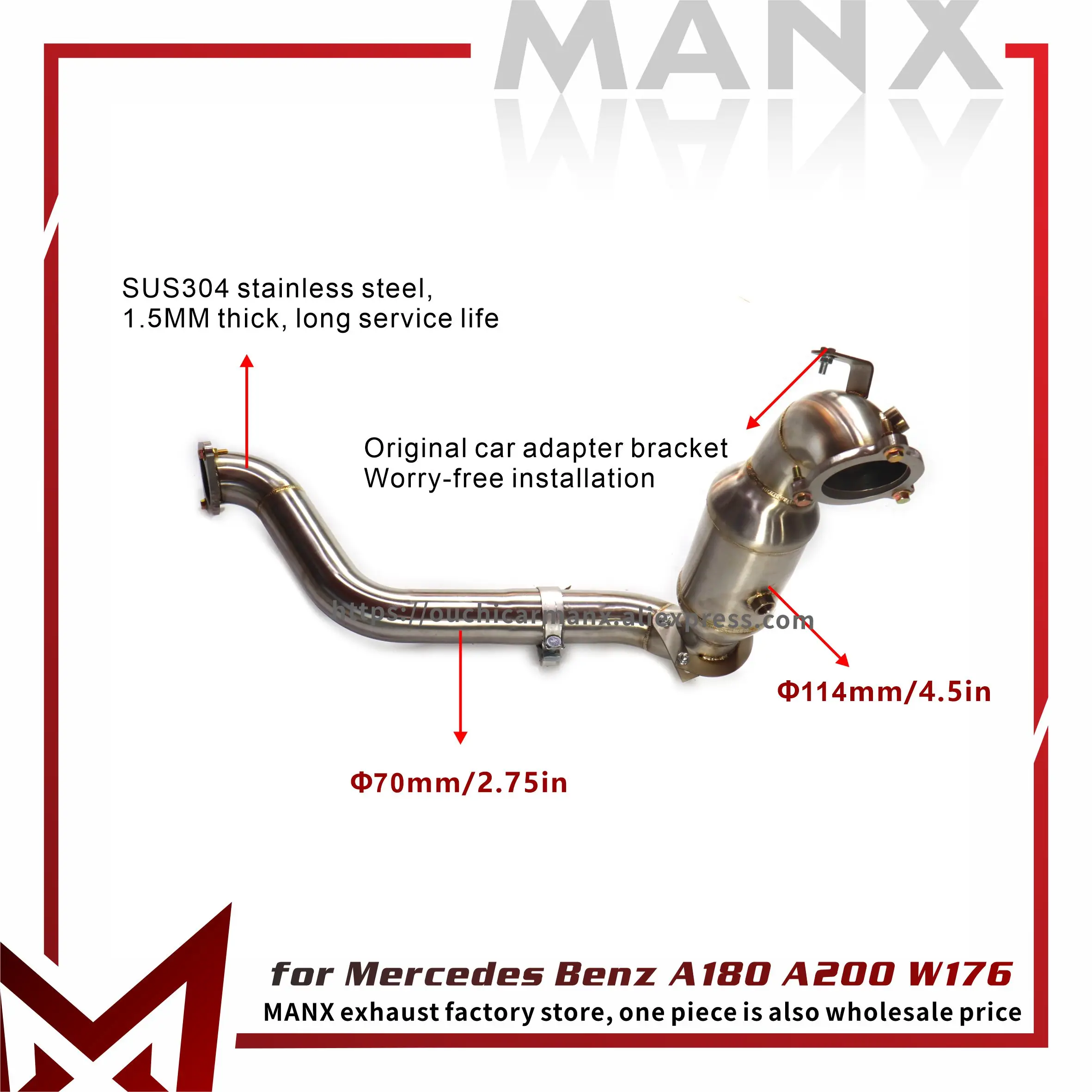 

MANX Exhaust pipe for Mercedes Benz A180 A200 W176 Support customization Downpipe SS304 Lossless installation