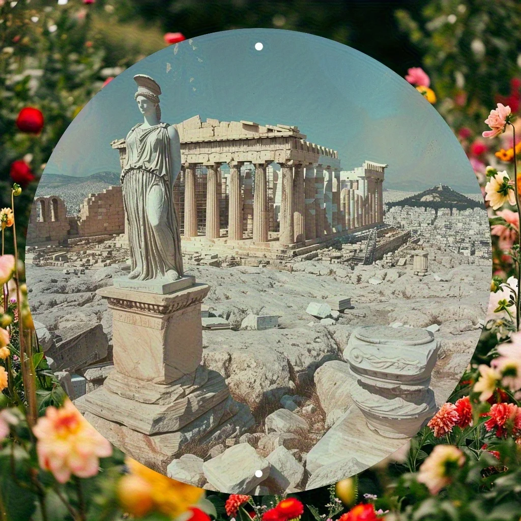 Metoo 3D Griechische Metall-Wandkunst Akropolis-Skulptur-Dekoration mit Athene-Statue, Eisen Vintage Historische Kunst für Wohnzimmer Büro P
