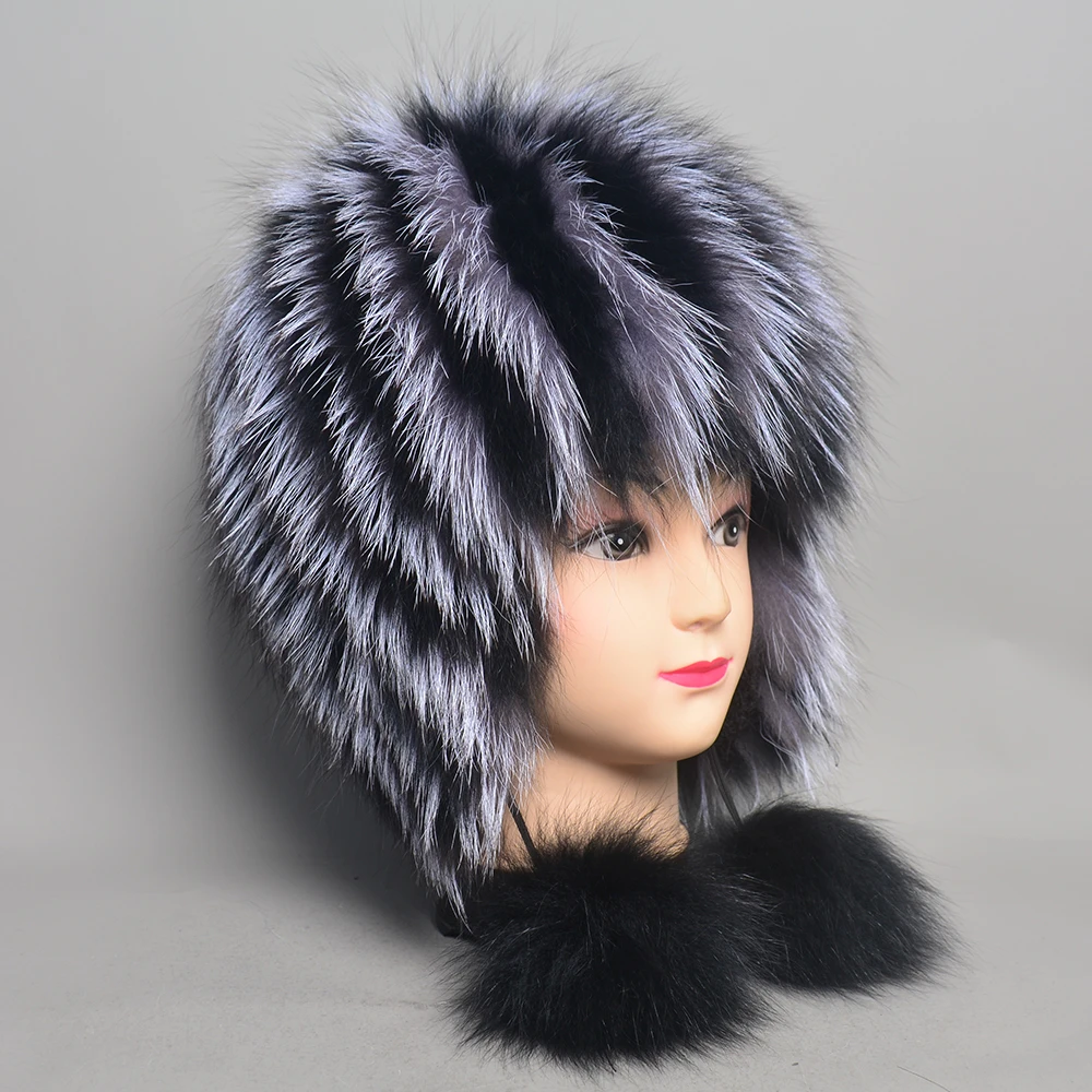 Hot Sale 100% Natural Silver Fox Fur Women Winter Hat Knitted Cap Women Hat Fox Fur Bomber Hat Female Ear Warm Winter Must