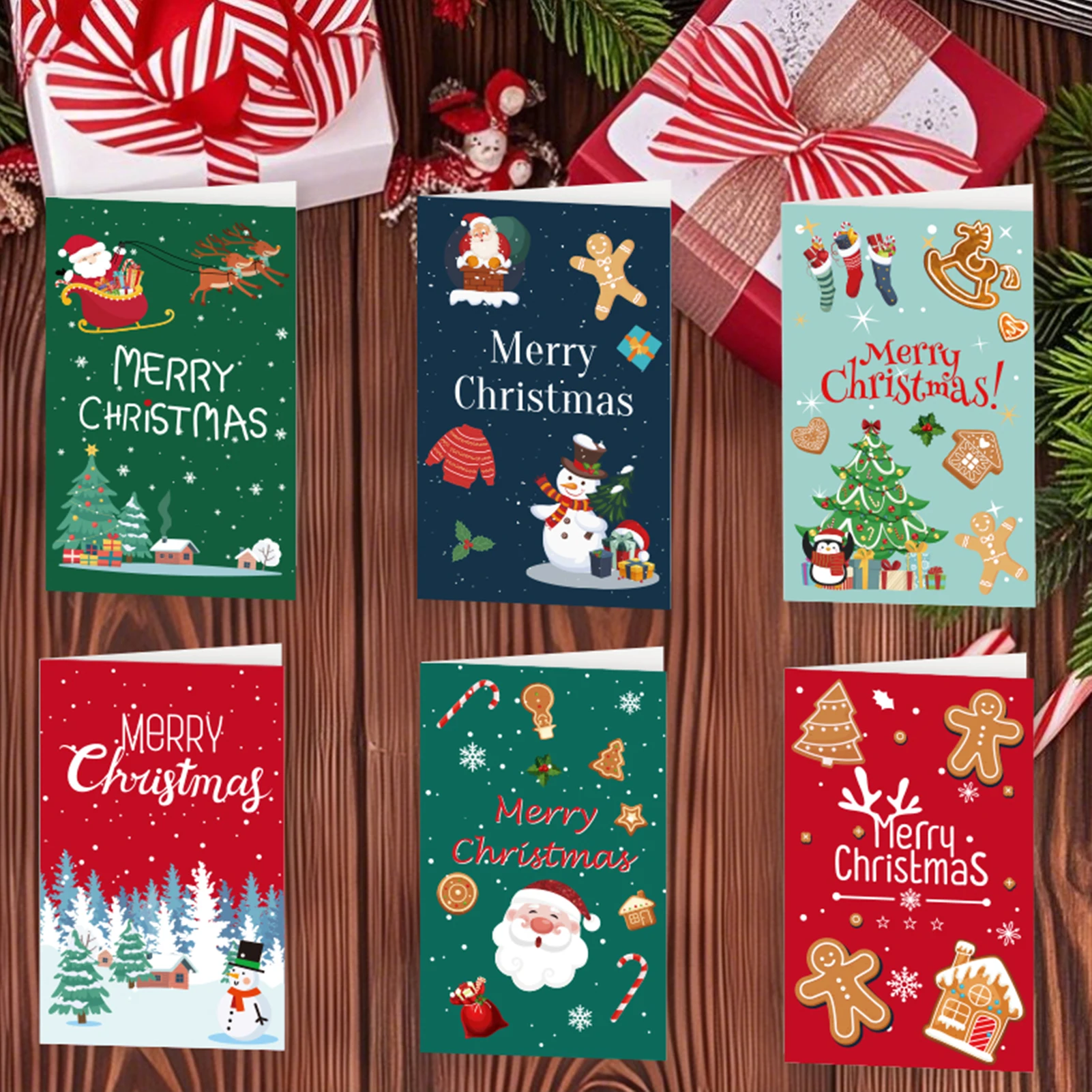

6pcs Christmas Greeting Card Set Cartoon Santa Claus Snowman Gift Pattern Blessing Card For Family Friend Xmas Party Decorations