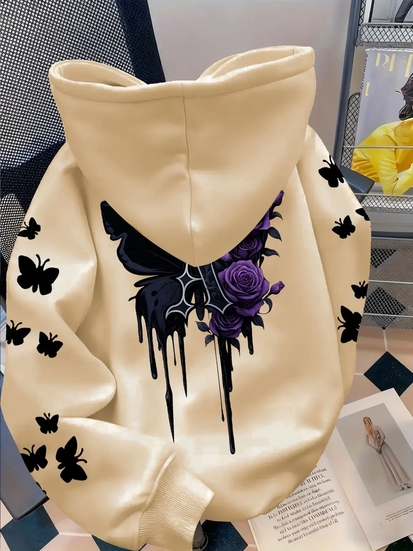 Herren Gothic Hoodie Lila Rose Schwarzer Schmetterling Drip Ästhetischer Grafikdruck Locker Sitzender Vintage Streetwear Pullover Sweatshirt – Detail 8