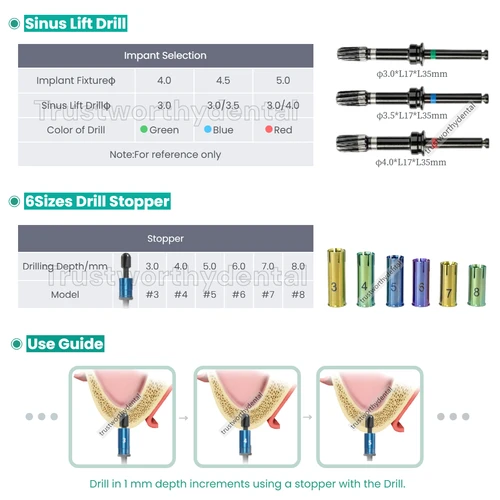 Imagen 2 del producto Taladro dental para elevación de senos con tope de seguridad, enfoque crestal, perfora la membrana sinusal, elevador, broca de cabeza redonda