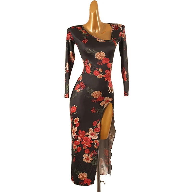 Vestido de dança latina com decote inclinado, roupa de prática com fenda alta para performance de dança latina chacha rumba tango roupas femininas latinas dql9913