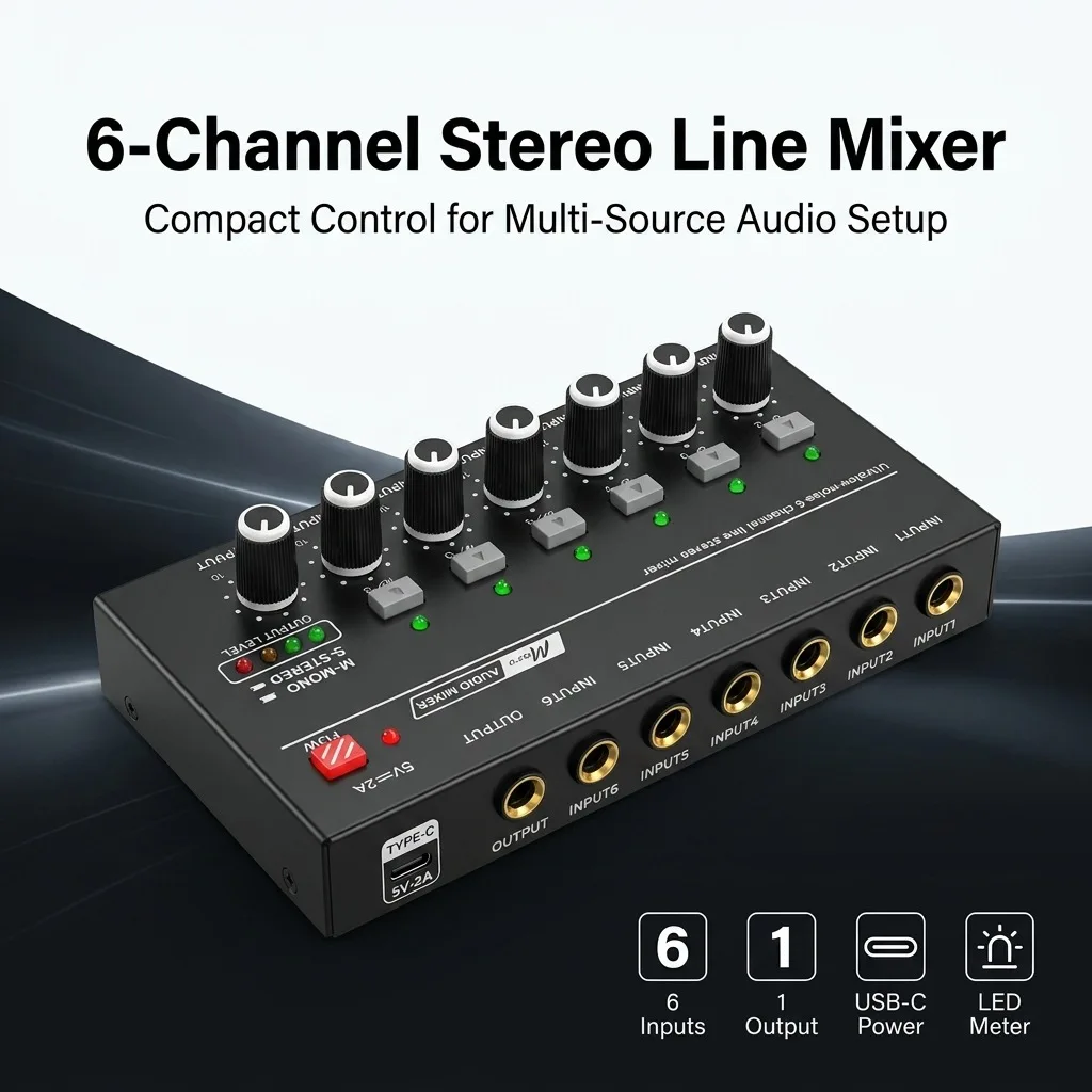 6 Channel Line Mixer Mini Sound Mixer Power Supply DC5V Easy Operation Audios Mixer