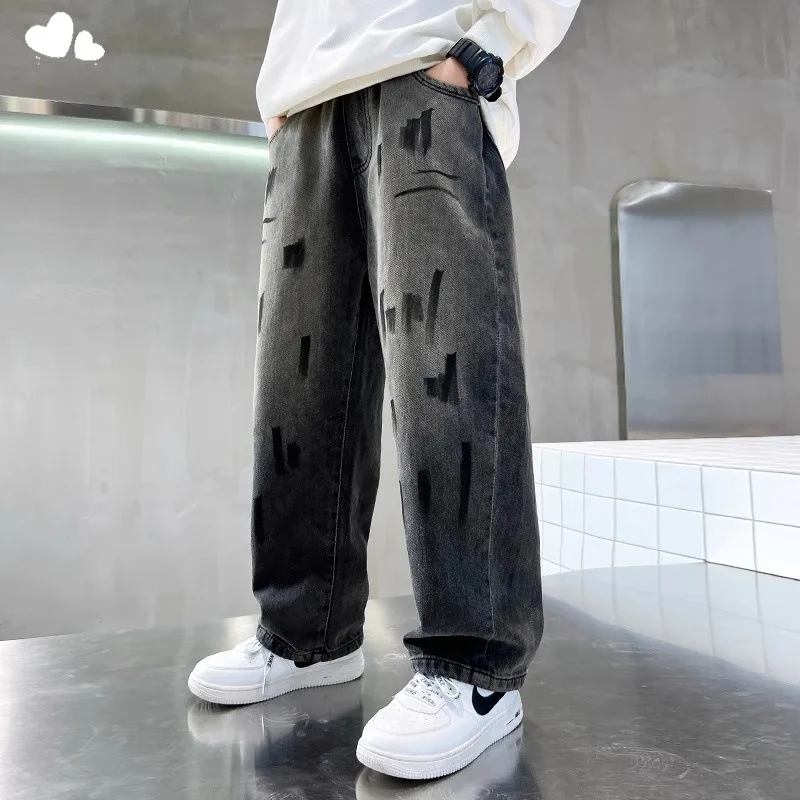Teenage Boys Grey Distressed Jeans with Drawings Vintage Denim Casual Trousers for Kids Fashionable Gray Color Jeans 4-14 Years