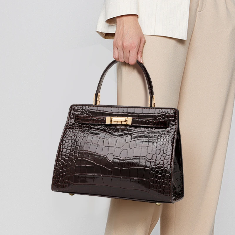 Aidrani Genuine Cowhide Leather Women Handbag, Glossy Crocodile Embossed Satchel with Gold Lock, Multi-Pocket Purse for Travel