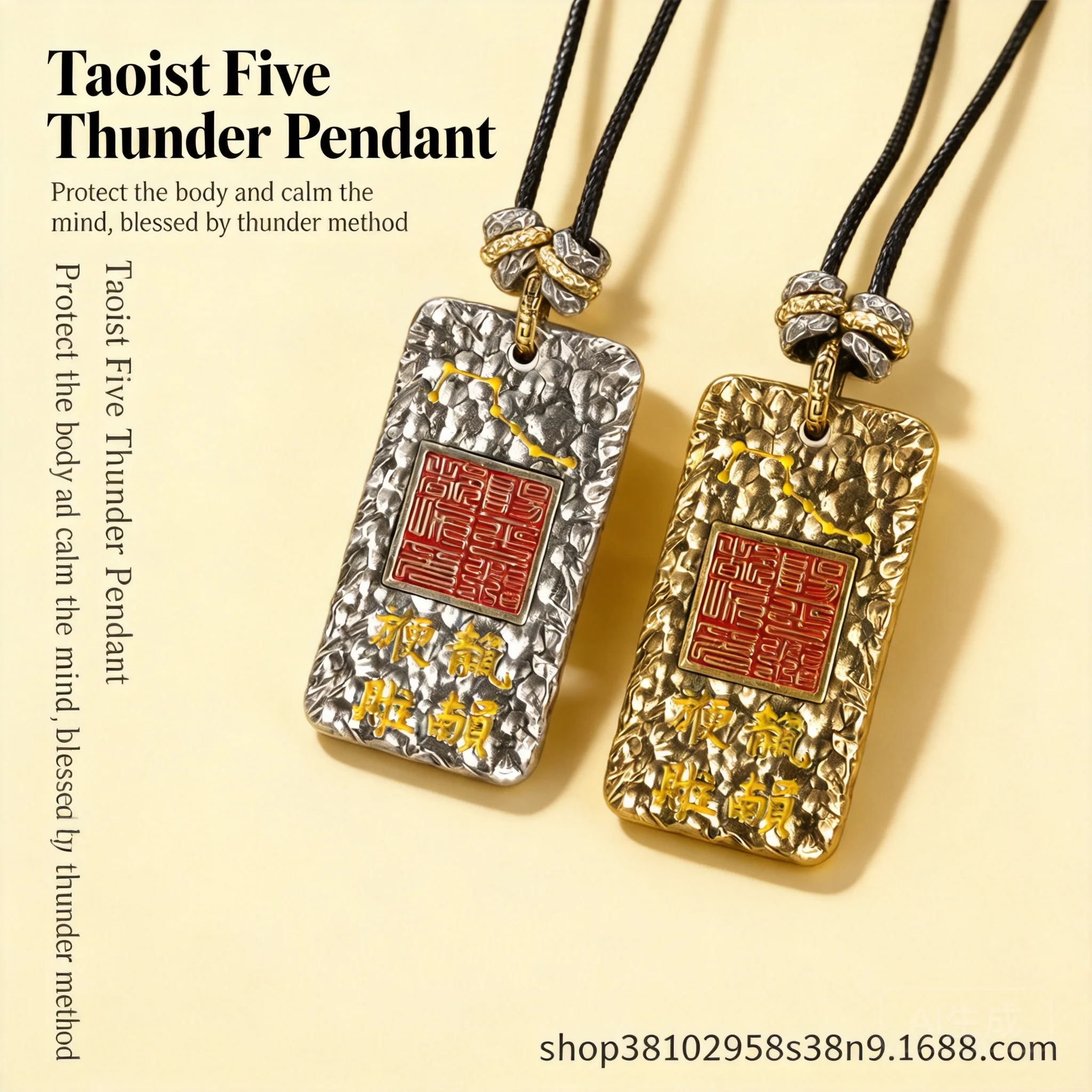 Traditional Chinese Style Taoist Five Thunder Lucky Amulet Necklace Vintage Blessing Protection Pendant For Men Women Hammered