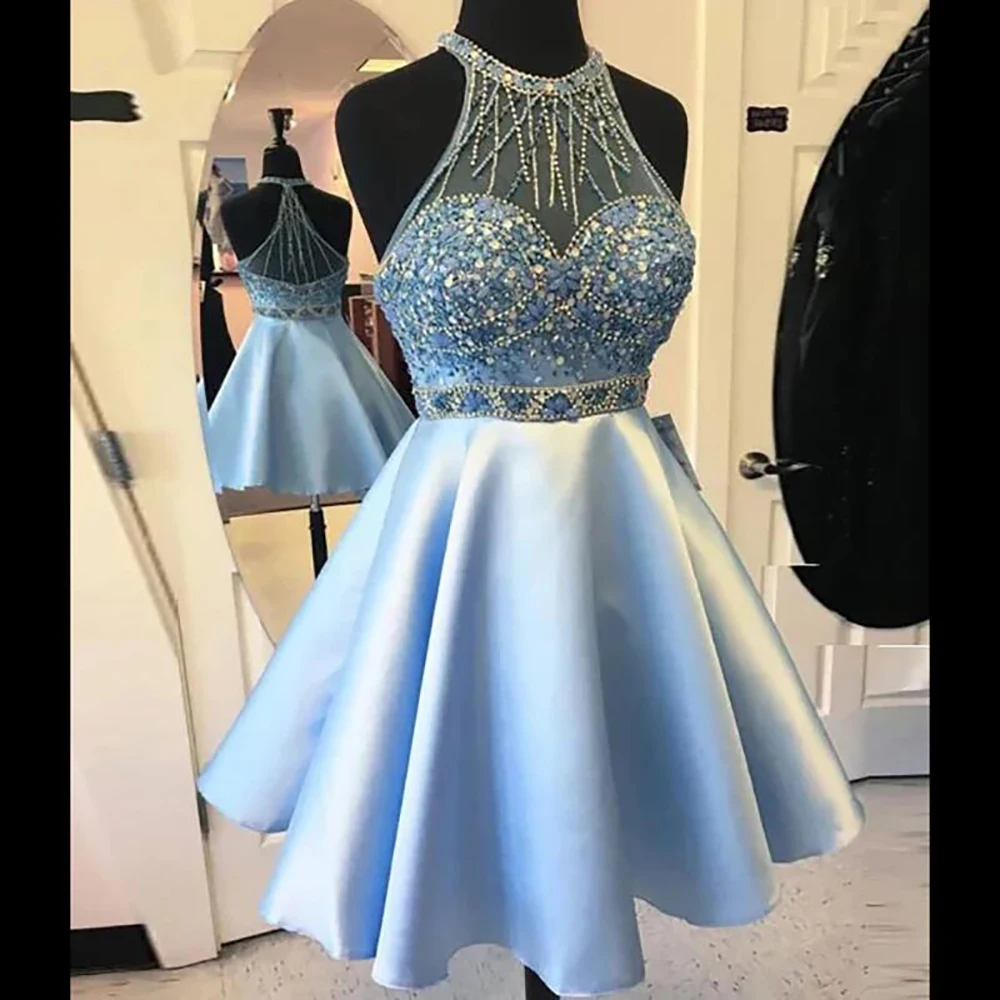 Vestido de fiesta de cumpleaños y compromiso, cuello redondo, sin mangas, color azul cielo claro