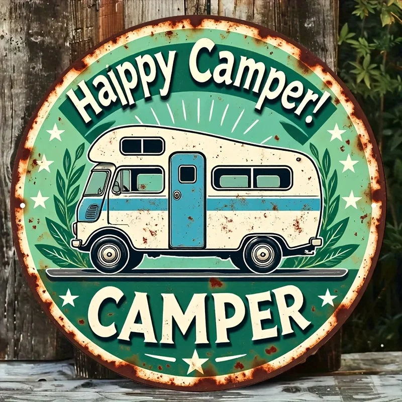 Vintage Happy Camper Round Metal Plaque 2D Flat RV Camper Design Wall Art for Cabin Garage Outdoor Decor.