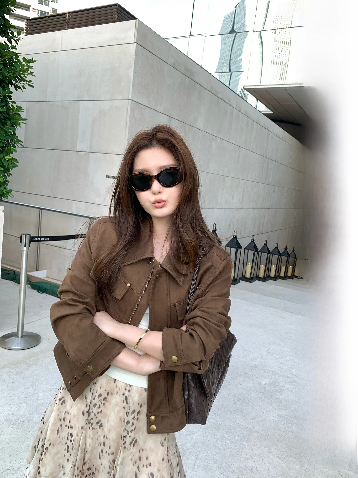 Pusumede Short Suede Jacket Women's Fashion Outerwear Collared Leather Coat Lightweight Workwear Hong Kong Drama Style