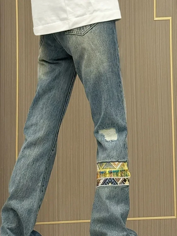 

Джинсы в стиле ретро-американский этнический, с нашивками из денима и цветочным узором, прямого кроя, в стиле хип-хоп, дизайнерские джинсы-сенсация
