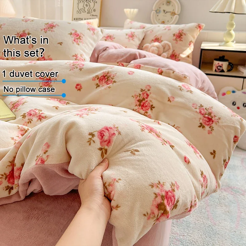 Floral Plush Duvet Cover, Ultra Soft Warm Flannel Comforter Cover, Shed-Free Vintage Rose Print Bedding Cover for Winter Bedroom