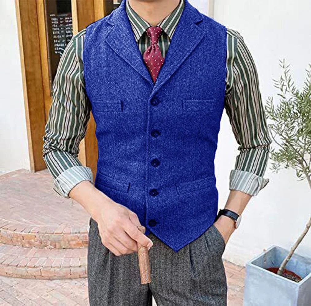 Men's Single Breasted Coarse Tweed Wool Vest Formal Clothes Man Retro Wedding Party Ball Vest Men's Knitted Vests Work Suits
