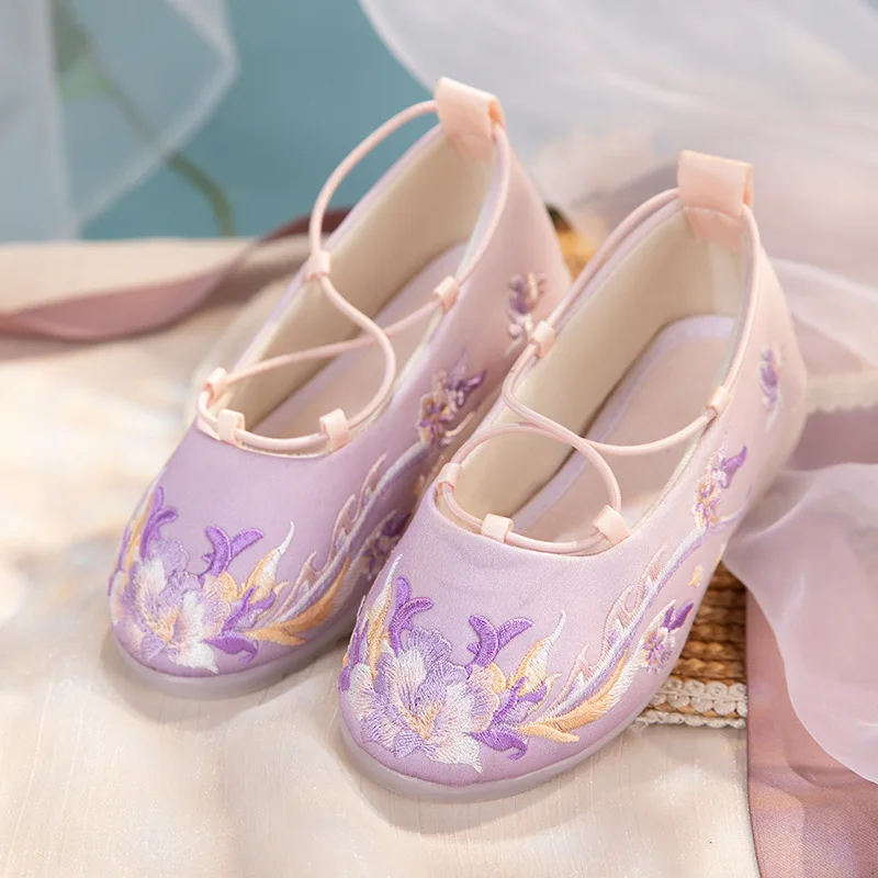 MW23 zapatos bordados Unisex para niñas, zapatos Hanfu para niños, zapatos de falda de caballo para bebés, zapatos de tela de estilo chino para niños