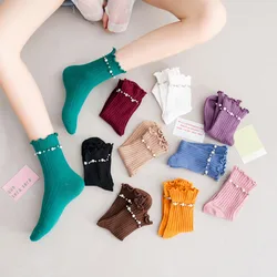 Japanese Cotton Socks Student Pearl Midtube Women's Socks Cotton Socks Comfortable Breathable Socks Lace Socks Pile Socks