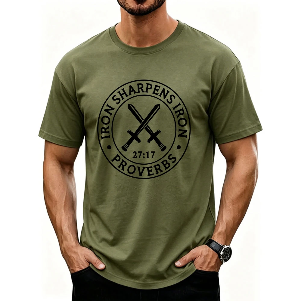 Iron Sharpens Iron Proverbs 27:17 Crossed Swords Circular Badge Graphic Men's T-Shirt Masculine Christian Faith Religious Tee