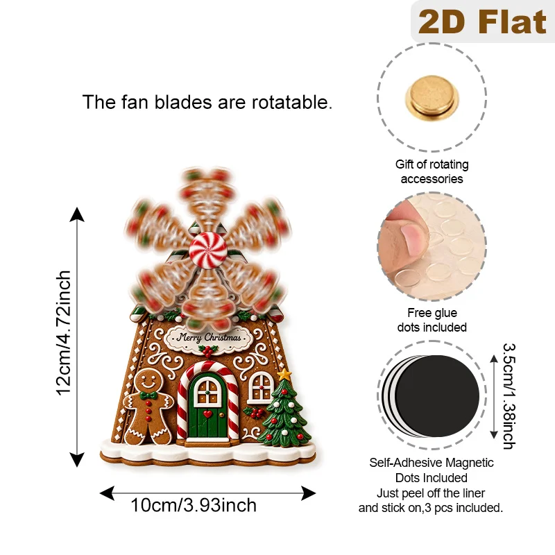 2D Flat, 1pc Rotating Snowflake Windmill Gingerbread House Fridge Magnet, Merry Christmas Gingerbread Man Wooden Refrigerator