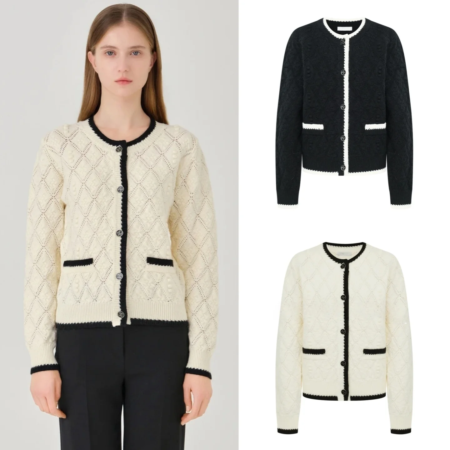 Commuter Style Knitted Cardigan round Neck Button up Sweater Elastic Soft Texture Diamond Pattern Tonal Color Long Sleeve Top