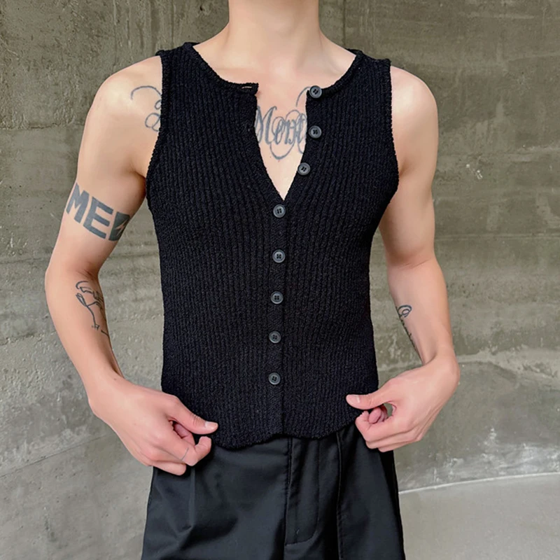 IEFB Male Tank Top 2024 Summer New Slim Fit Elastic Knitted Retro Chic Solid Color Single Breasted Sleeveless Sezy Vest 9C5785