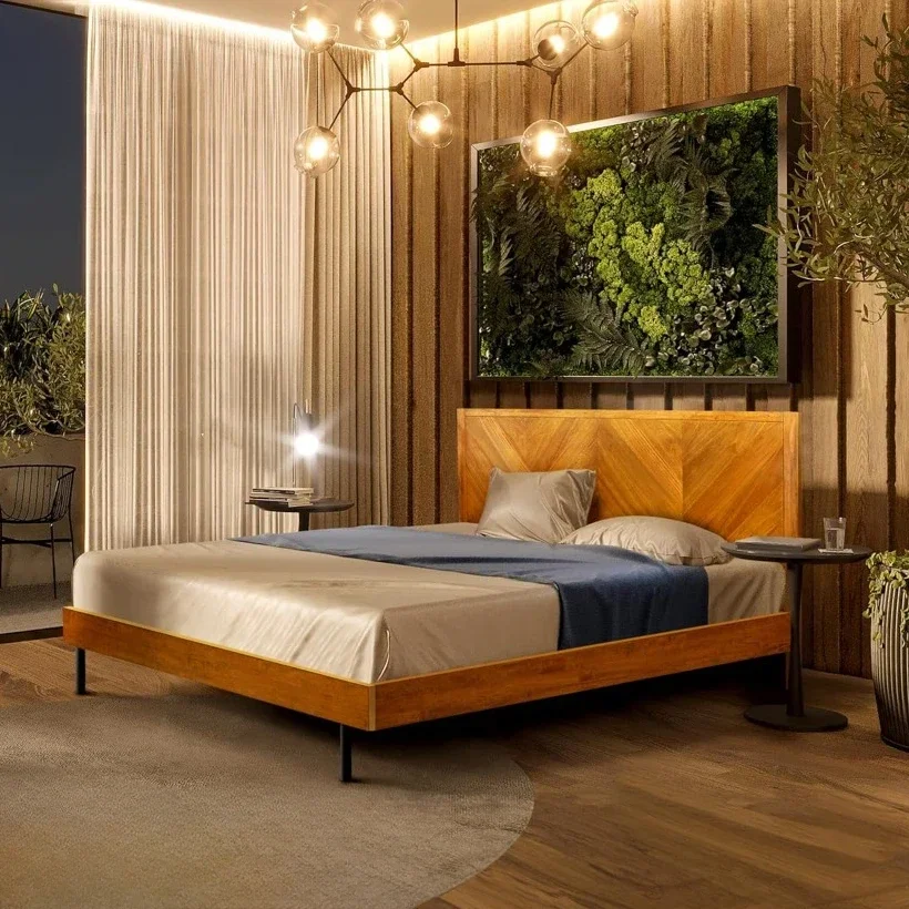 

Каркас двуспальной кровати и изголовье кровати-платформы из массива дерева, деревянная кровать в скандинавском стиле, совместимая со всеми типами матрасов