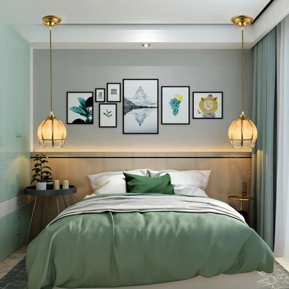 

European Classic Brass Gold Glass Pendant Light Creative Single Head Ceiling Lamp for Restaurant Bedroom Entrance Hallway Light