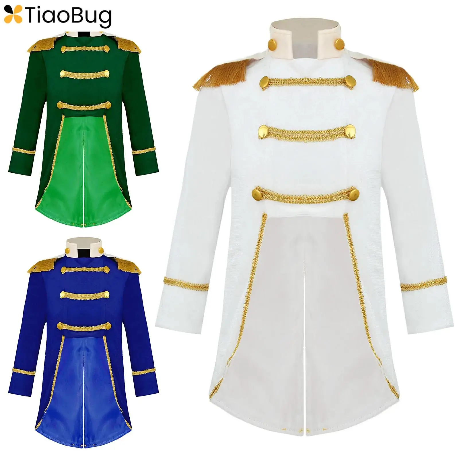 Girls Boys Prince Costume Jacket Top Long Sleeve Gold Fringe Braiding Velvet Tailcoat Royal Court Style Coat for Party Dress up