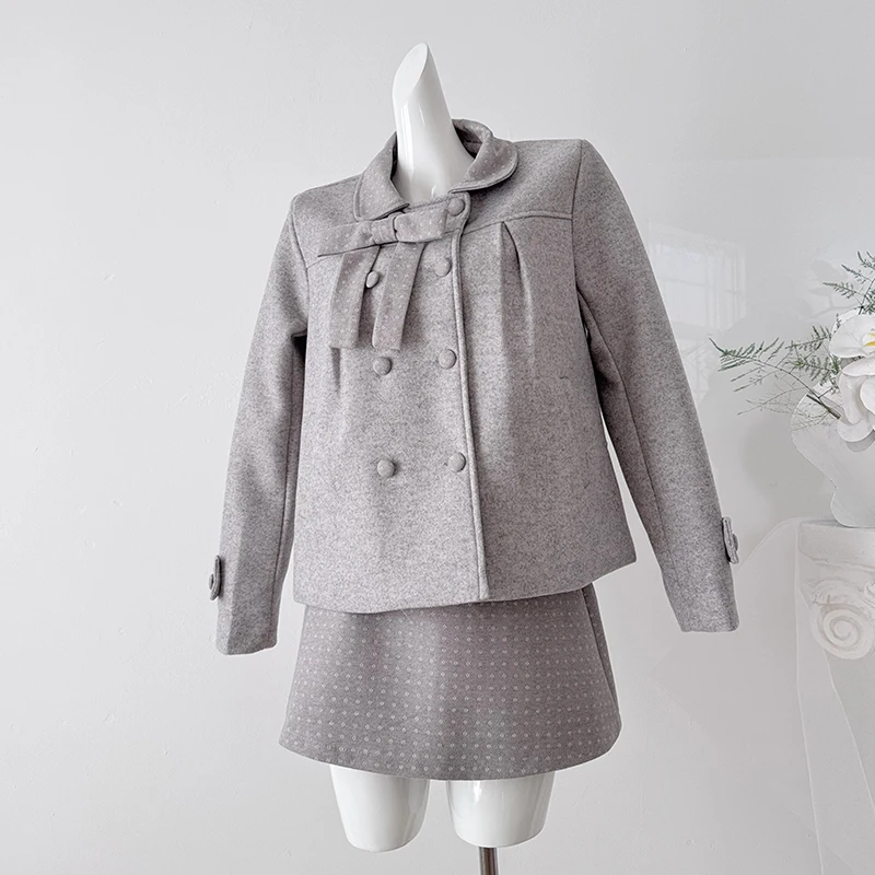 Manteau jacquard Fer Island, coupe double boutonnée, mélange de laine épais, jupe courte taille haute élastique, ensemble deux pièces automne-hiver