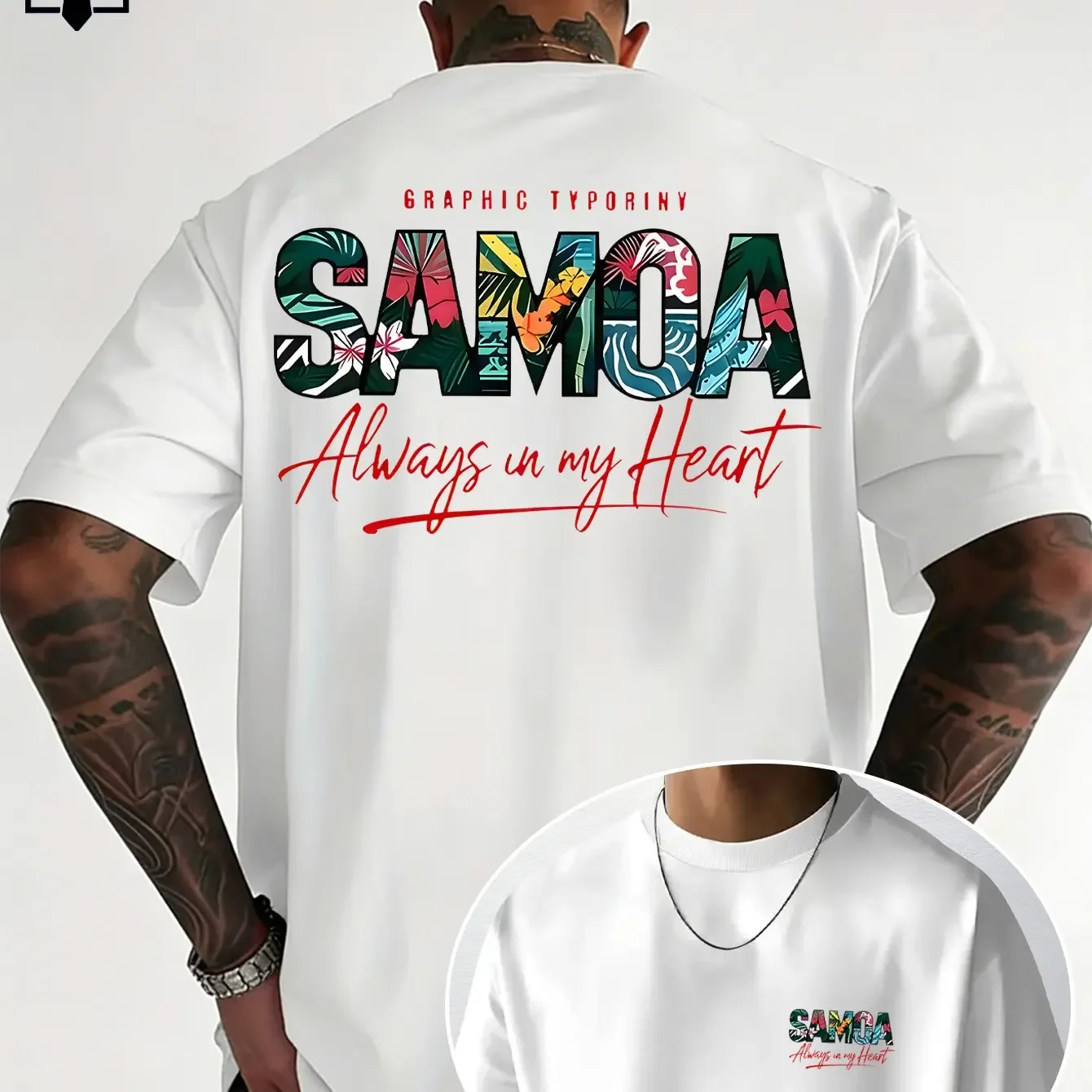 Men's Samoa Graphic T Shirt Double Sided Tropical Jungle Floral Fill Letter Print 100% Cotton Beach Vacation Streetwear Top