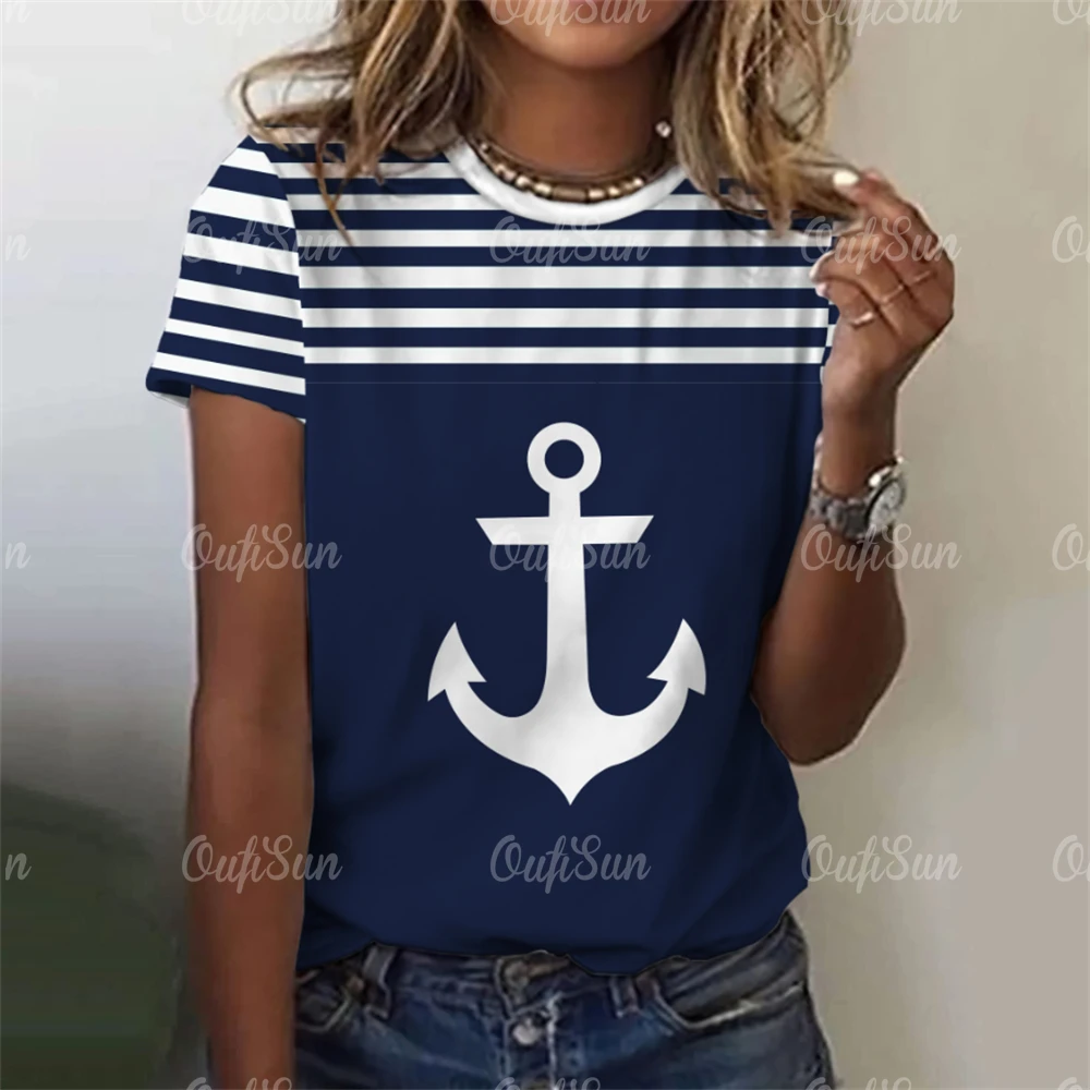 Anchor Print T-Shirt For Women Top Summer Oversized T-Shirts For Women's Clothing O-Neck Female Fashion Plus Size 2024 New