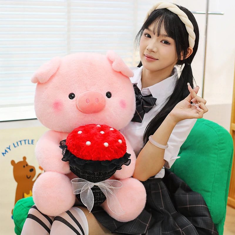 

Kawaii Plush Toy Cute Flower Holding Pig Stuffed Doll Soft Cuddly Baby Kids Birthday Gift for Girls Adorable Hugging Piggy