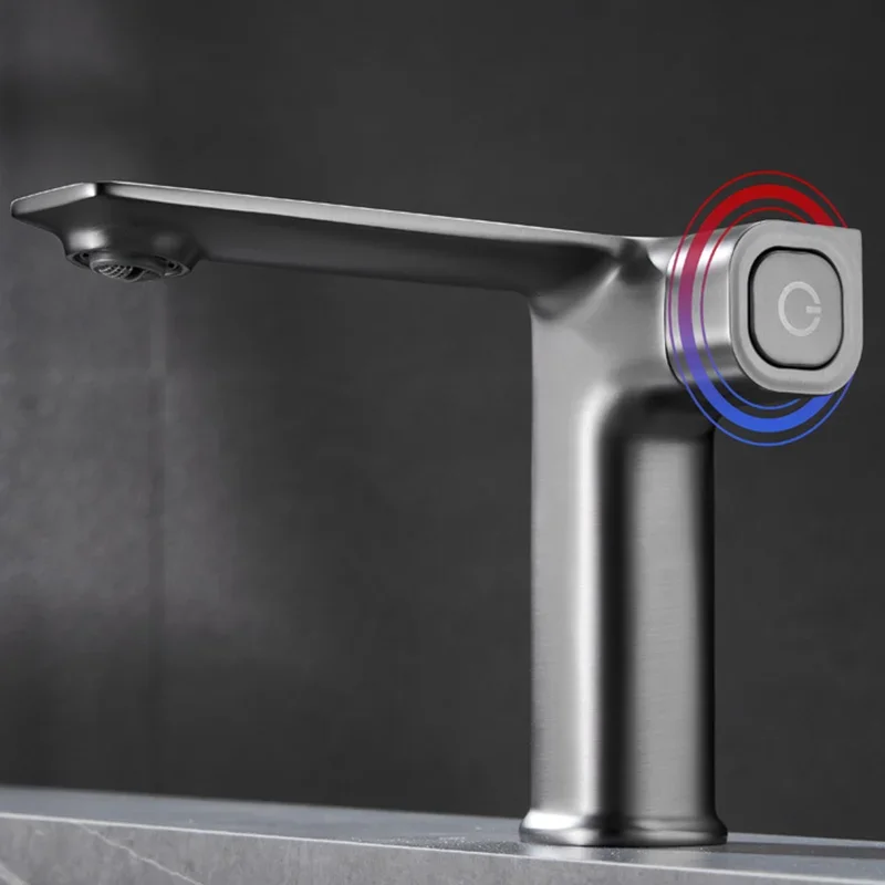 Sitting Single Handle Undercounter Basin Faucet In Advanced Grey Metal For Vanity Bathroom Sink Hot And Cold Water Washbasin Tap