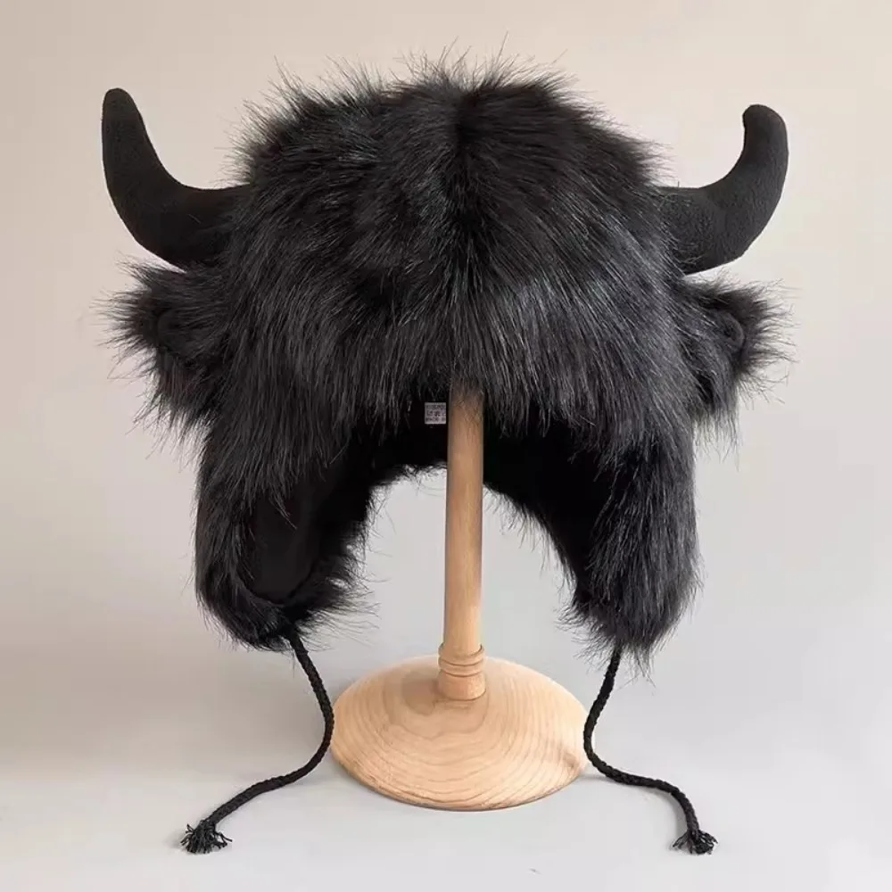 High Quality Unisex Bullhead Plush Hat with Horns Fluffy Earflap Hat Windproof Thick Cotton Hat