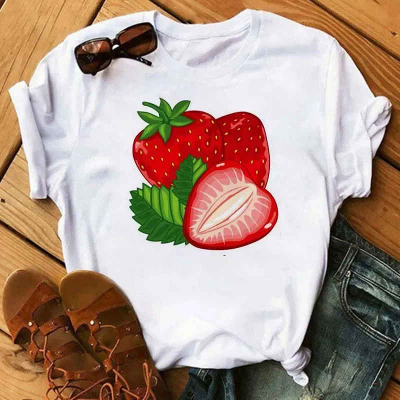 New Kawaii Fruits Strawberry Graphic Print Women Tops Casual Summer Female Short-sleeved Streetwear Black Round Neck T-shirts