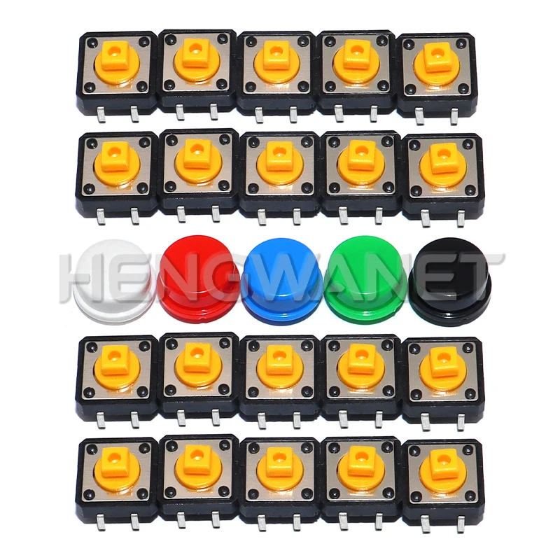 20PCS Tactile Push Button Switch Momentary 12*12*7.3MM Micro Switch Button + (20PCS 5 Colors Tact Cap)