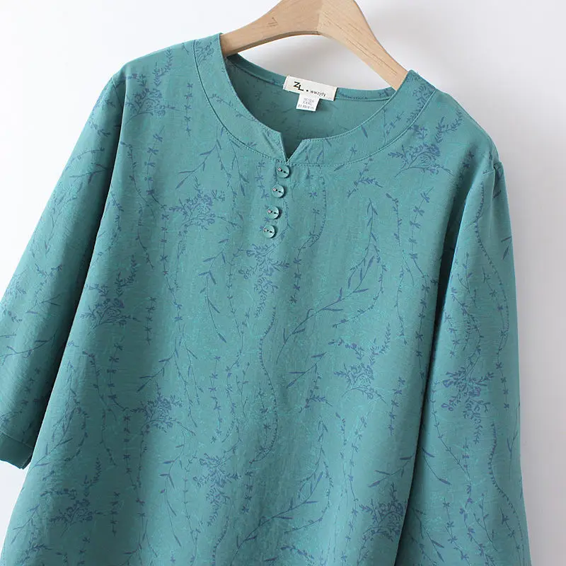 Fashion Vintage 3/4 Sleeve Printed Loose Chiffon T-shirt 2023 Summer Women's Clothing Casual Round Neck Button Tops for Female
