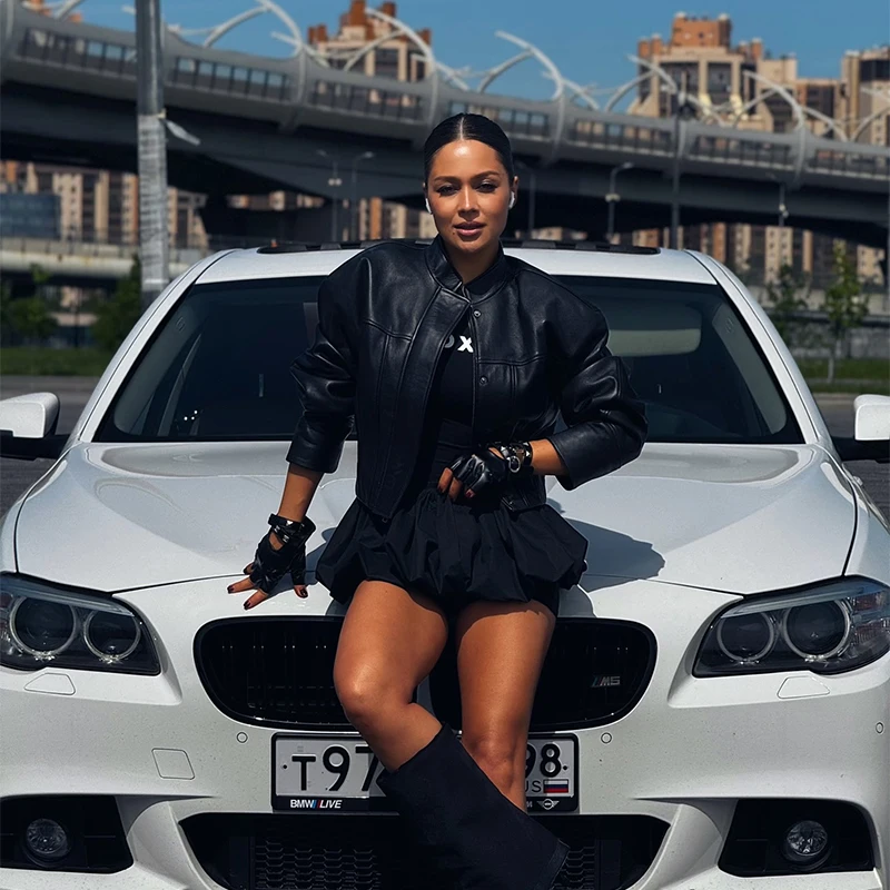 سترة نسائية كلاسيكية من الجلد الصناعي بقصة ضيقة لراكبي الدراجات النارية من البولي يوريثان سترات بسحاب مناسبة للربيع والخريف معطف منفوخ أساسي ملابس خارجية للشارع #6