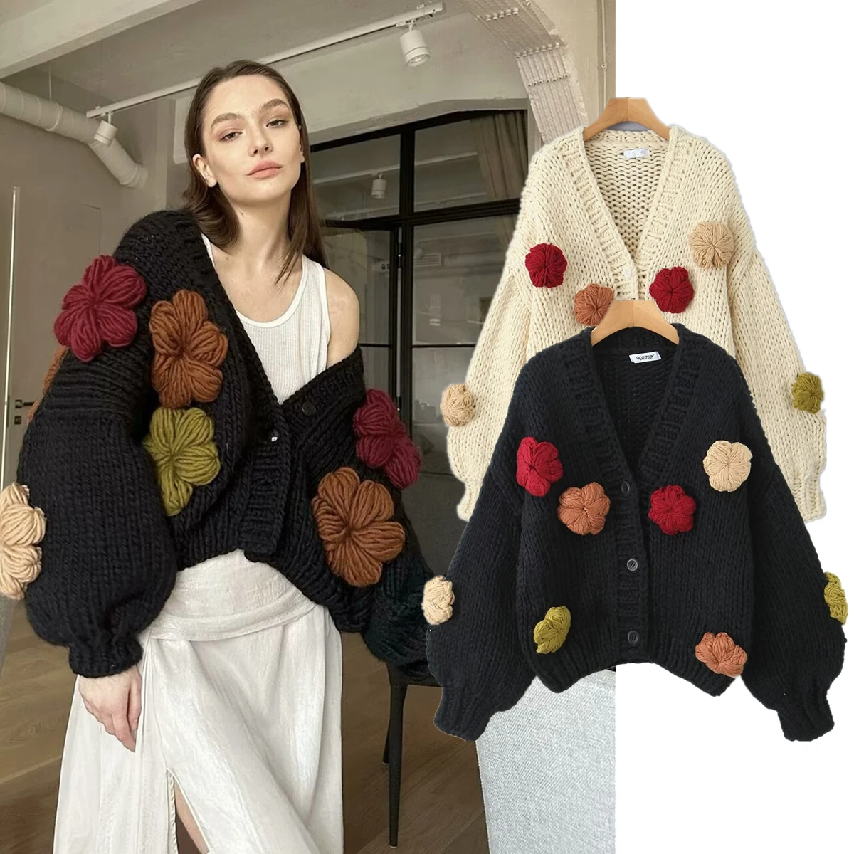 Maxdutti Embroideried Handmade Crochet Flower Knitted Cardigan Jacket French Retro Flower Winter Coat Women