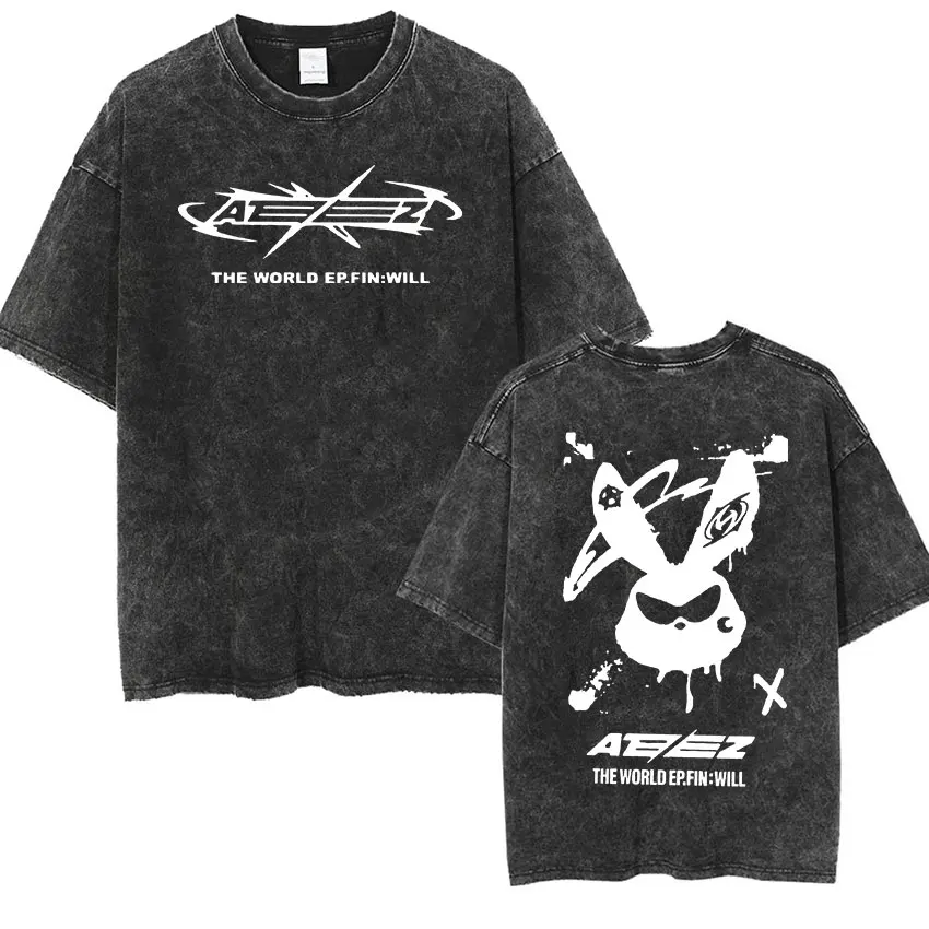 Korean ATEEZ 2024 World Tour T Shirts Towards The Light Vintage Washed T-shirt Men Women Hip Hop Fashion Clothing Oversized Tees