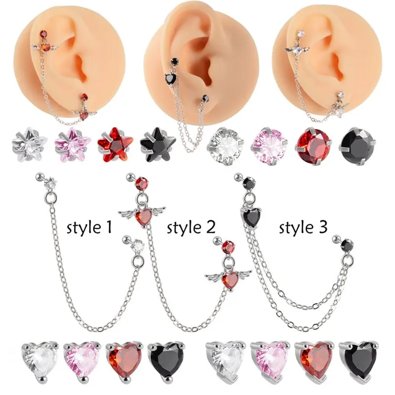 1 قطعة الجراحية الصلب حجر كريم زركون الأذن الزنمة الغضروف ثقب الزركون استرخى سلسلة القرط محارة الأذن مربط اللولب ثقب مجوهرات للجسم #1
