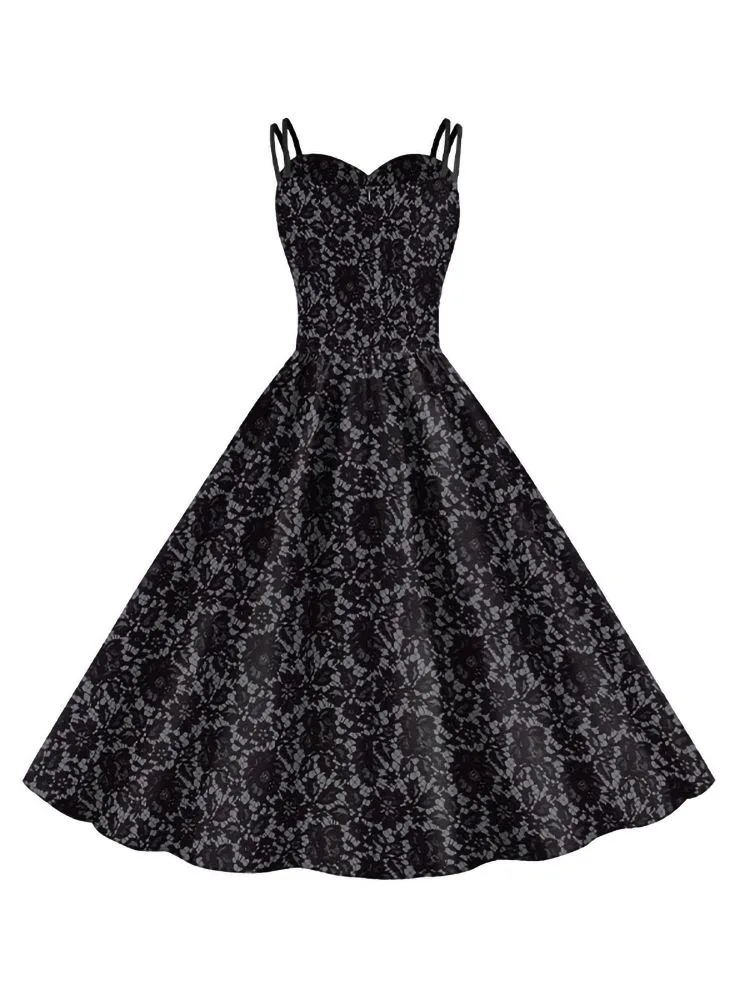 Vintage Gothic Doppelriemen-Swingkleid mit Skelett-Brustmuster, mehrfarbigem Blumen- und Totenkopf-Aufdruck, Damen-Halloween-Cosplay-Kostüm – Detail 10