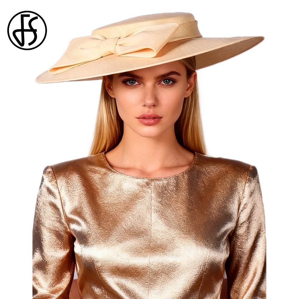 FS Khaki Wine Red Wedding Fascinator Hat With Bowknot Elegant Church Hats For Women Luxury Big Brim Fedoras Cap Sombreros Mujer