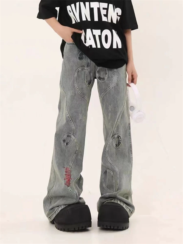 Dames retro borduurwerk ontwerp unisex micro uitlopende jeans streetwear hoog getailleerde cowboybroek casual Y2K rechte denim broek