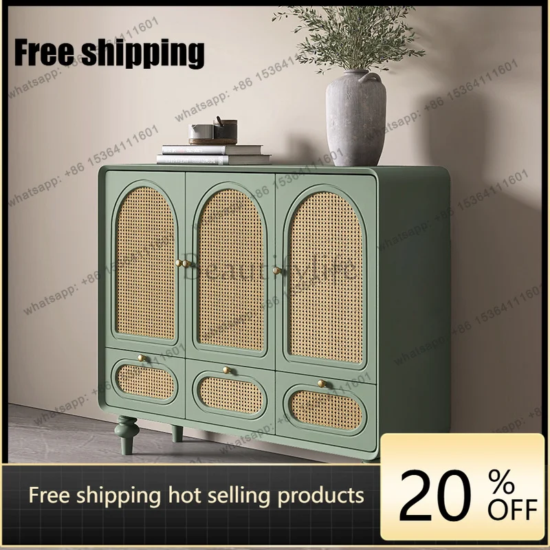 FG  Medieval rattan weaving  solid wood retro entrance cabinet living room storage decorative cabinet