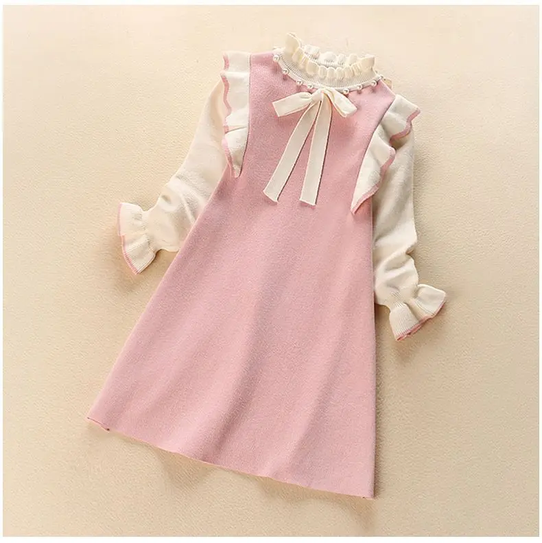 Autumn Winter Teenagers Girls Kids Bowtie Knit Sweater Dresses Princess Clothes New Year Christmas 4 5 6 7 8 9 10 11 Year