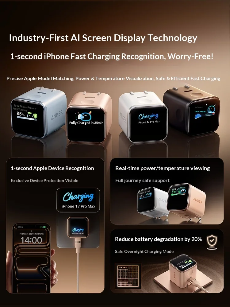 Anker Nano 45w Gan Fast Charger With Ai Display Smart Compatible For Phone 17 Pro Max 16 Pro 15 14 Portable Wall Charger