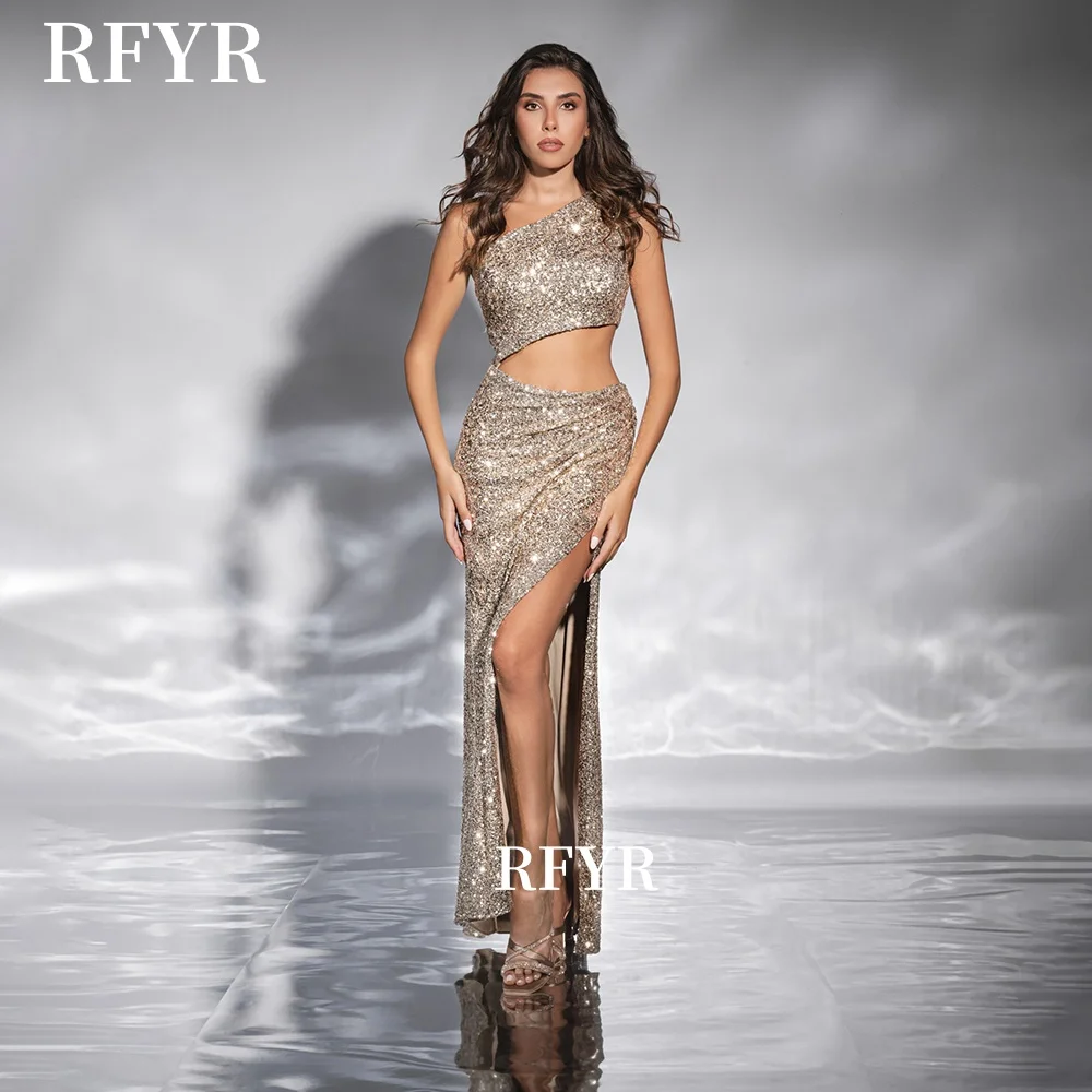 

RFYR Cut Out Prom Dress One Shoulder Shiny Princess Dress Sequins Party Dress for Arabic Women vestidos de fiesta Customized
