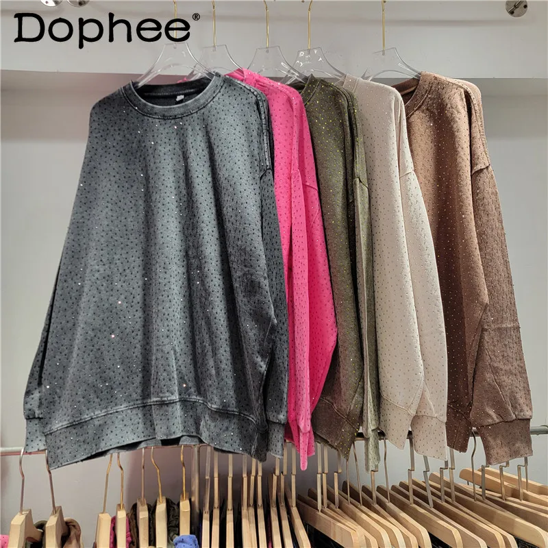 

Street Hipster Hot Drilling Sweatshirt Women Fashion Fully-Jewelled Round Neck Loose Mid-Length Drop Sleeve Hoodies Autumn New