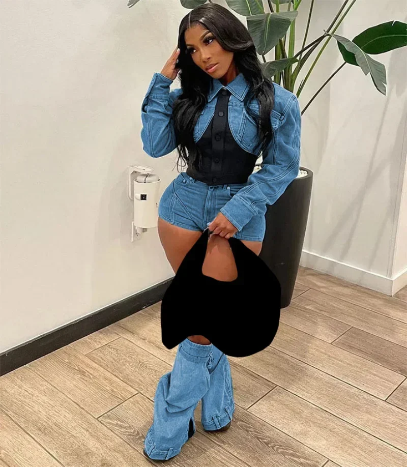 

GUWU Chic Street Denim Women's Set Long Sleeve Mini Jacket and Jeans Shorts Summer Two 2 Piece Set Outfits Tracksuit