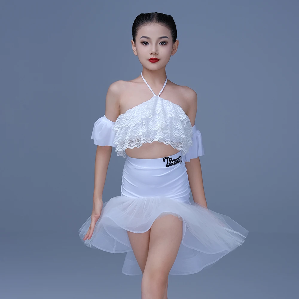 

Vennystyle girls professional Latin dance skirt hanging neck lace top gauze half skirt girls dance training dress